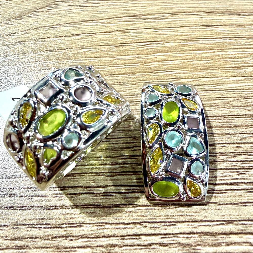 Cubic Zirconia CZ White Gold Rhodium Plated Silver Multi Gem Ring, Pendant Set
